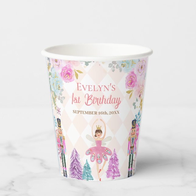 Pink Floral Nutcracker Land of Sweets Birthday Paper Cups (Front)