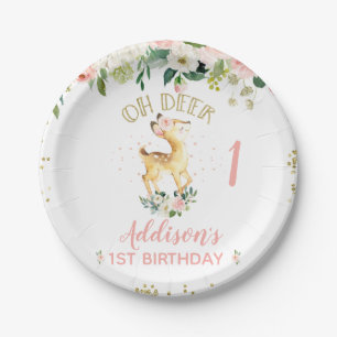 Pink Floral Oh Deer 1st Birthday Paper Plate