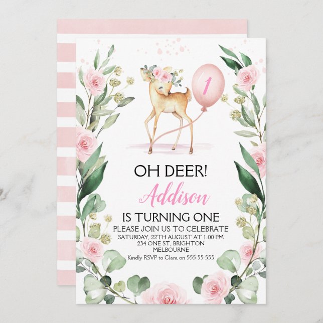 Pink Floral Oh Deer Any Age Birthday  Invitation (Front/Back)