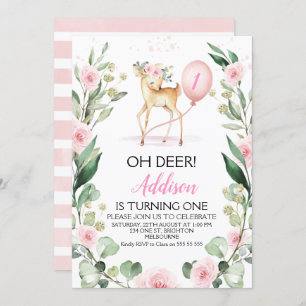 Pink Floral Oh Deer Any Age Birthday  Invitation