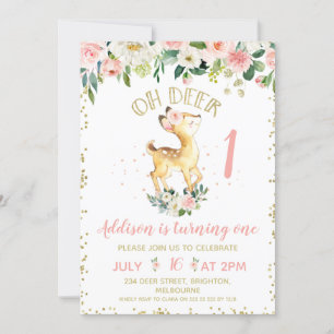 Pink Floral Oh Deer Birthday Party Invitation