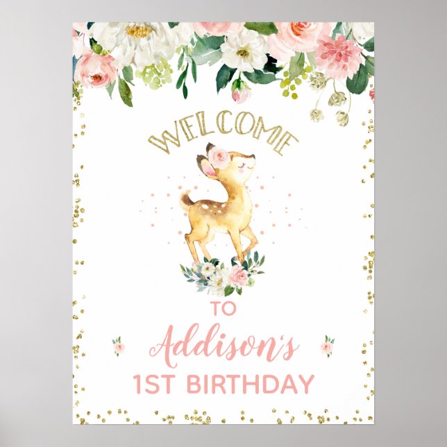 Pink Floral Oh Deer Birthday Party Welcome Sign (Front)