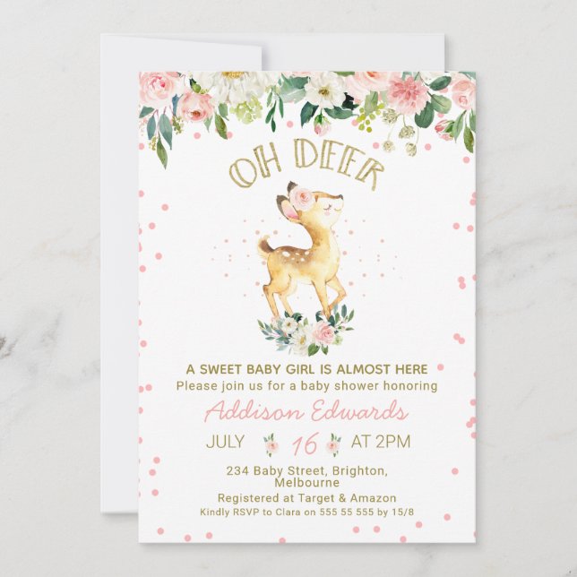 Pink Floral Oh Deer Girls Baby Shower Invitation (Front)