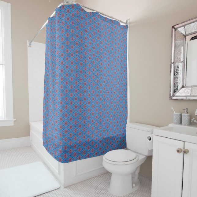 Pink Floral on Blue Shower Curtain (In Situ)