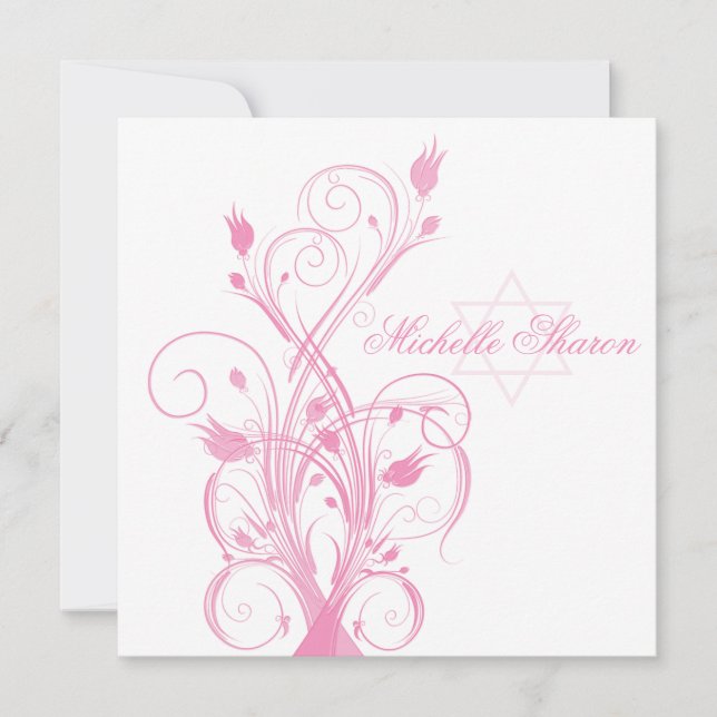 Pink Floral on White Bat Mitzvah Invitation (Front)