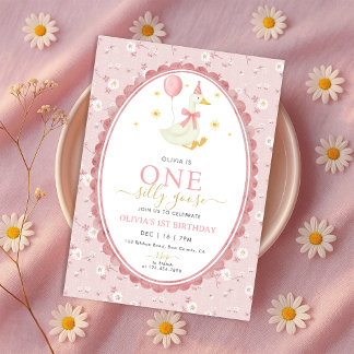 Pink Floral One Silly Goose Girl 1st Birthday Invitation