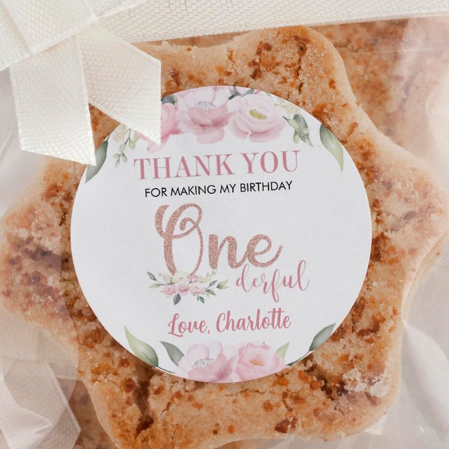 Pink Floral Onederful Labels Birthday Baby Shower (Creator Uploaded)
