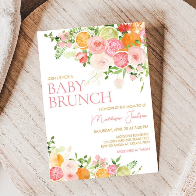 Pink Floral Orange Citrus Baby Shower  Invitation (Girl Lemon Baby Shower Invitation)