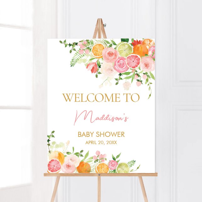Pink Floral Orange Citrus Welcome Poster (Girl Lemon Baby Shower Welcome Sign)