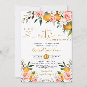 Pink Floral, Orange Little Cutie Baby Shower Invitation