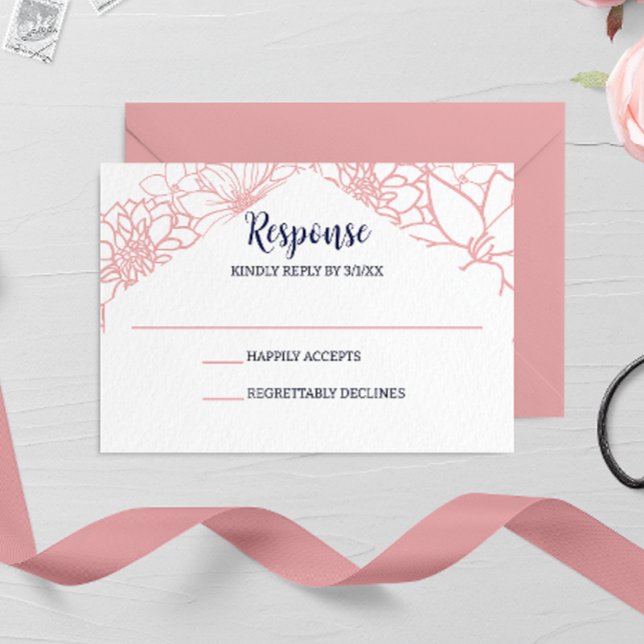 Pink Floral Outline Wedding RSVP Card (Creator Uploaded)