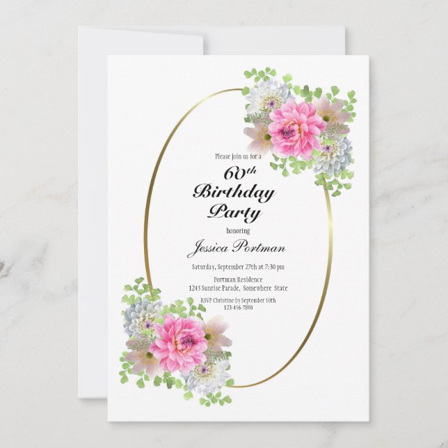 Pink Floral Oval 60th Birthday Party Invitation (Front)