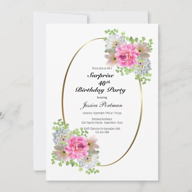 Pink Floral Oval Surprise 40th Birthday Party Invitation (Front)