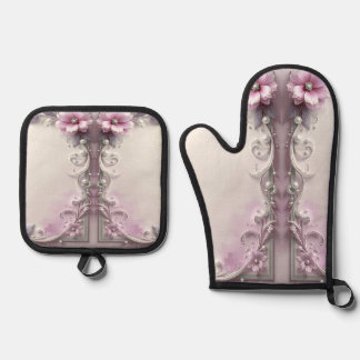 Pink Floral Oven Mitt & Pot Holder Set
