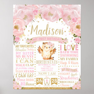 Pink Floral Owl 1st Birthday Milestone Birth Stats Poster
