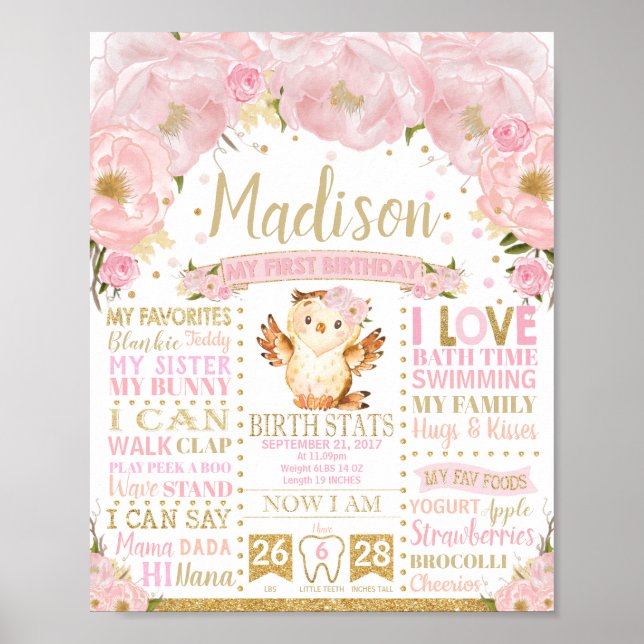 Pink Floral Owl 1st Birthday Milestone Birth Stats Poster (Front)