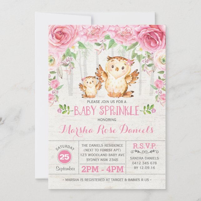 Pink Floral Owl Baby Girl Shower Invitation Forest (Front)