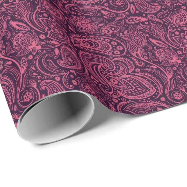 Pink Floral Paisley Over Purple Background Wrapping Paper (Roll Corner)