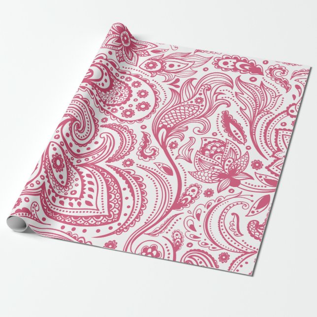 Pink Floral paisley Over White Background Wrapping Paper (Unrolled)