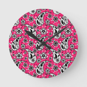Pink Floral Paisley Pattern Design Round Clock