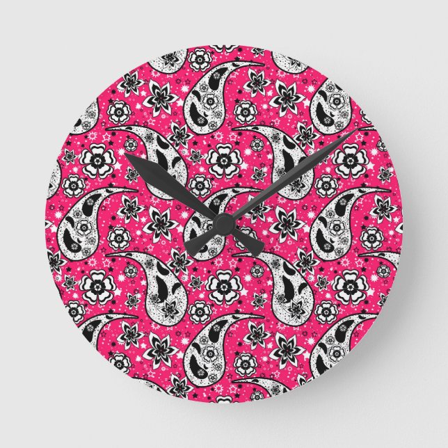 Pink Floral Paisley Pattern Design  Round Clock (Front)