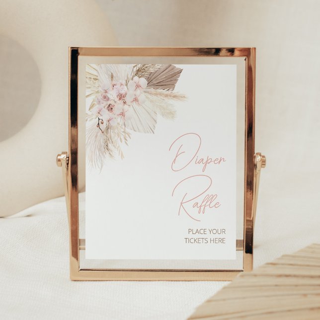 Pink Floral Pampas Boho Baby Shower Diaper Raffle Poster (Girl Pampas Grass Baby Shower Diaper Raffle Sign)