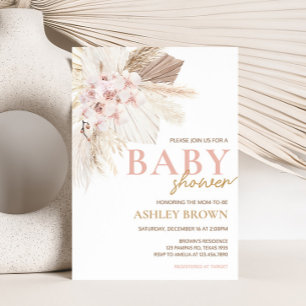 Pink Floral Pampas Boho Baby Shower  Invitation