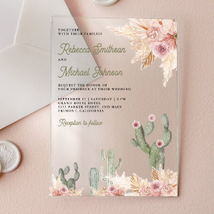 Pink Floral Pampas Cactus Wedding Acrylic Invitations