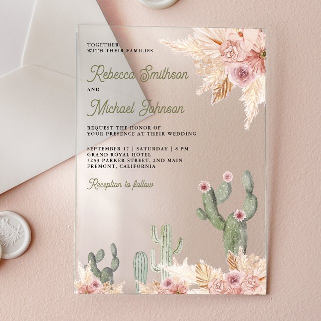 Pink Floral Pampas Cactus Wedding Acrylic Invitations (Creator Uploaded)