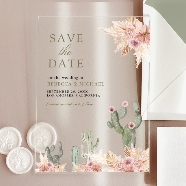 Pink Floral Pampas Cactus Wedding Save the Date Acrylic Invitations (Creator Uploaded)