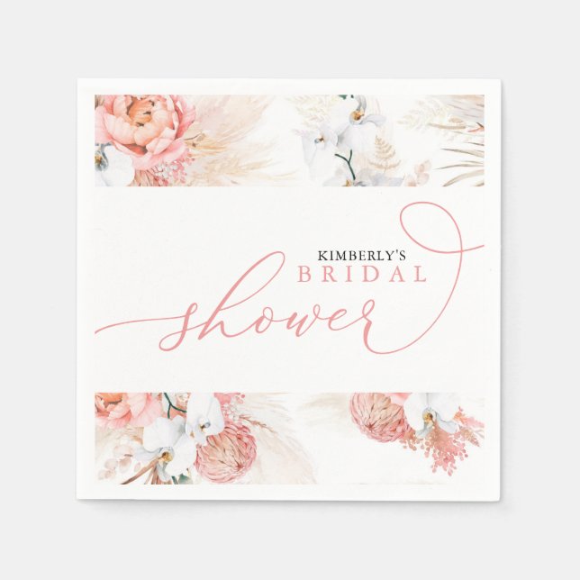 Pink Floral Pampas Grass Any Shower Napkins (Front)