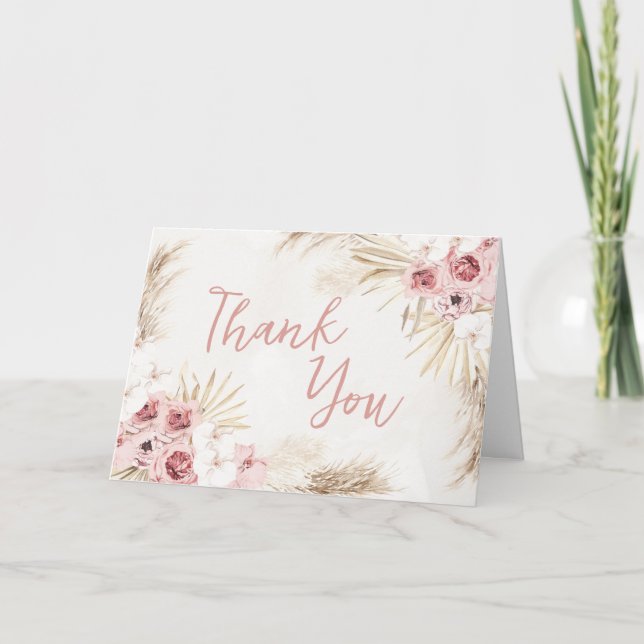 Pink Floral Pampas Grass Baby Shower  Thank You Card (Front)