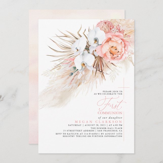 Pink Floral Pampas Grass First Communion Invitation (Front/Back)