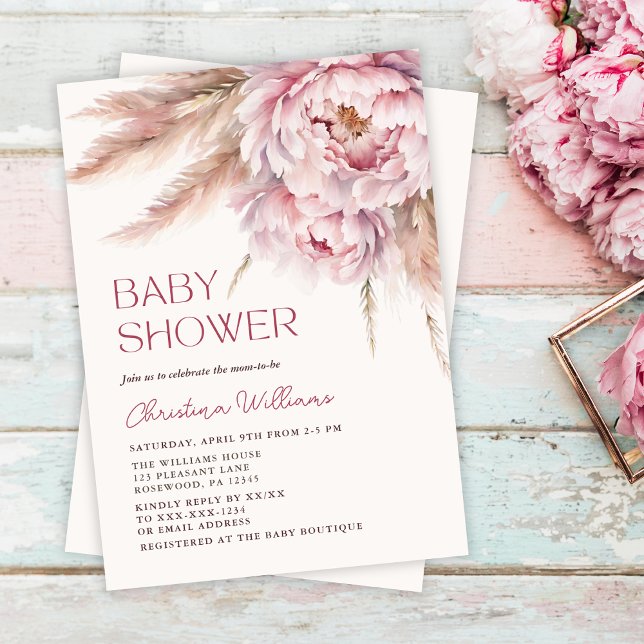 Pink Floral Pampas Grass Floral Baby Shower Invitation (Creator Uploaded)