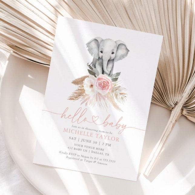 Pink Floral Pampas Grass Girl Elephant Baby Shower Invitation (Creator Uploaded)