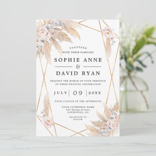 Pink Floral Pampas Grass Gold All In One Wedding  Invitation (Standing Front)