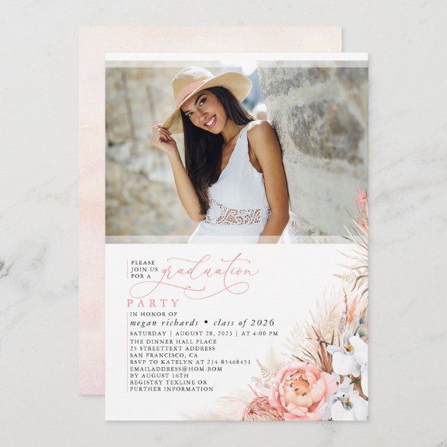 Pink Floral Pampas Grass Graduation Photo Invitation (Front/Back)