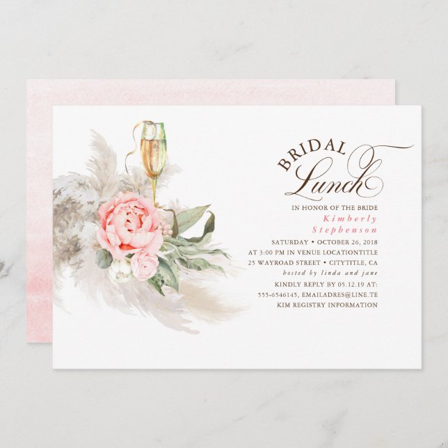 Pink Floral Pampas Grass Greenery Bridal Lunch Invitation (Front/Back)