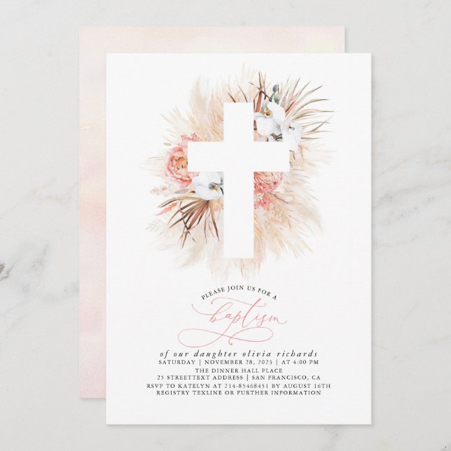 Pink Floral Pampas Grass Modern Girls Baptism Invitation (Front/Back)