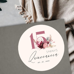Pink Floral Pampas Grass Quinceanera 15th Birthday Classic Round Sticker