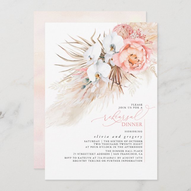 Pink Floral Pampas Grass Rehearsal Dinner Invitati Invitation (Front/Back)