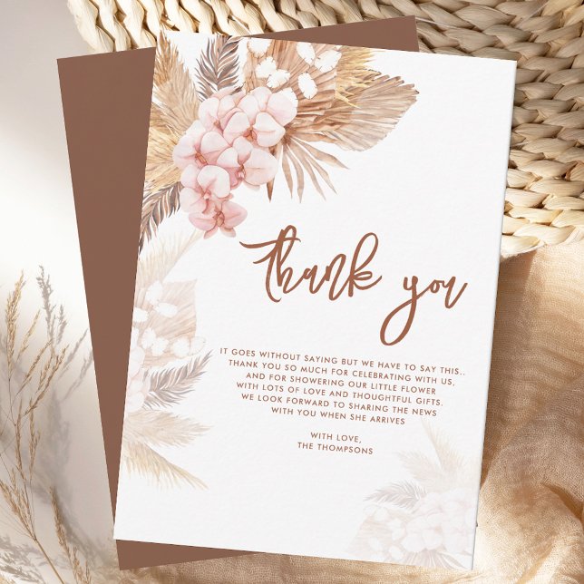Pink Floral Pampas Grass Script Baby Shower Thank You Card (Baby Shower Script Pampas Grass Terracotta Thank You Card)