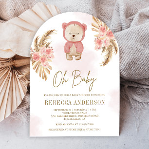 Pink Floral Pampas Teddy Bear Arch Baby Shower Invitation