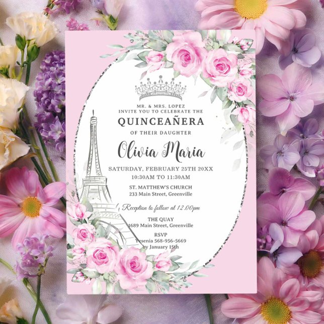 Pink Floral Paris Butterflies Quinceañera Sweet 16 Invitation (Creator Uploaded)