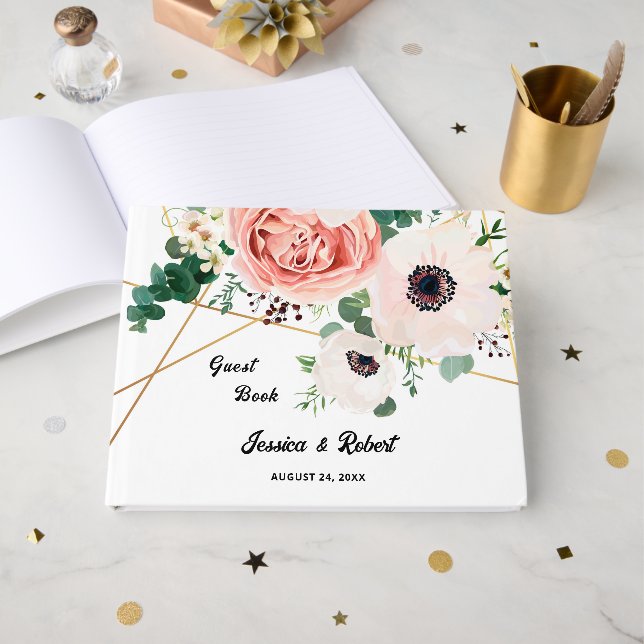 Pink Floral Pastel Flowers Bride Groom Wedding Guest Book (Front Open)