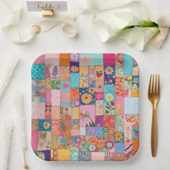 Pink Floral Patchwork Quilt Pattern Paper Plate (Wedding)