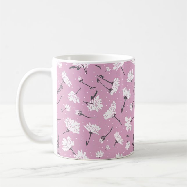 Pink Floral Pattern Design - Elegant Flower Art Coffee Mug (Left)