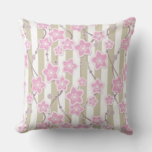 pink floral pattern on beige with white striped ba cushion