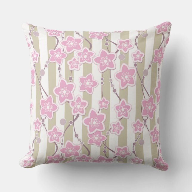 pink floral pattern on beige with white striped ba cushion (Front)