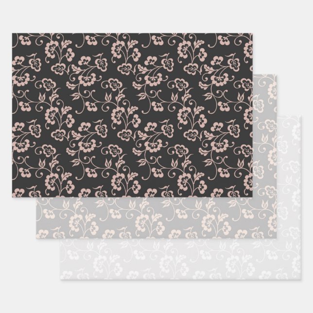 Pink Floral Pattern on Black, Gray & White Wrapping Paper Sheet (Set)